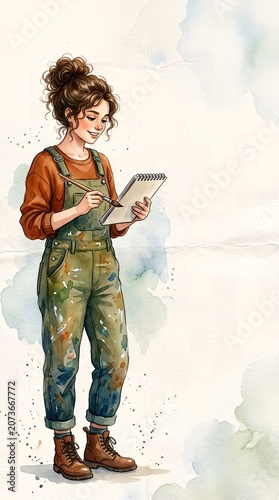 Watercolor illustration of a young woman in overalls holding a fish with a serene outdoor background