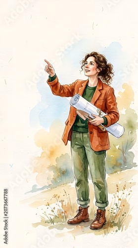 Cheerful young explorer in brown jacket and green pants pointing ahead while holding a rolled map in watercolor style