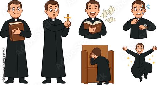 Canvas Print Catholic Priest Cartoon Character Set Showing Different Emotions and Activities