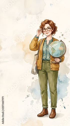 Watercolor illustration of a cheerful woman holding a globe, wearing glasses, brown jacket, and carrying a bag