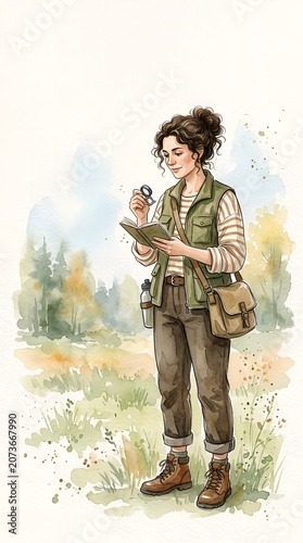Young female adventurer in forest holding a glowing flower, watercolor illustration of fantasy explorer in nature