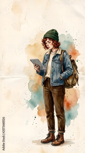 Watercolor illustration of a young traveler in denim jacket, beanie, and backpack using a smartphone outdoors