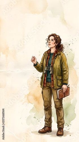 Watercolor illustration of a young adventurer in green jacket holding a book, looking up thoughtfully with a dreamy expression