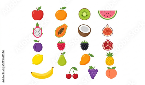 Colorful flat fruit icon set with assorted tropical and seasonal fruits isolated on white