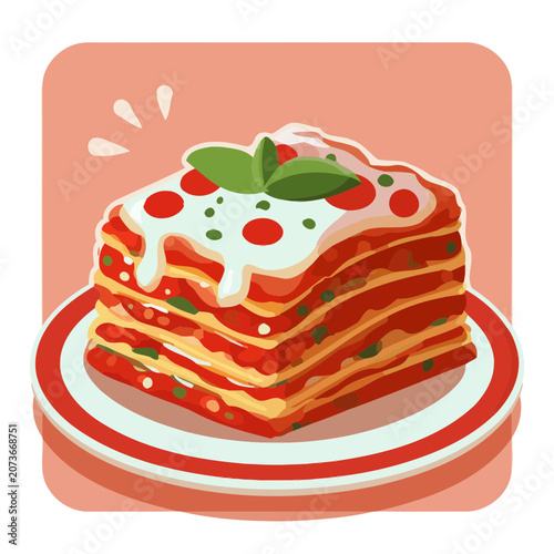 Illustrated slice of lasagna on a plate