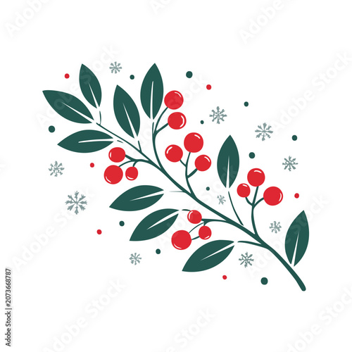 Holly branch with red berries and snowflakes vector illustration