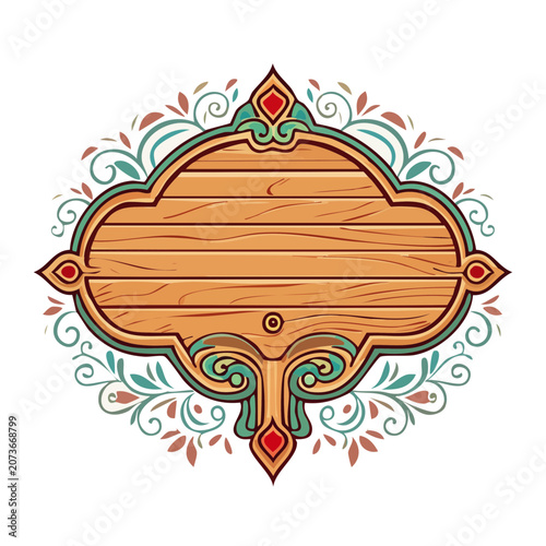 Ornate wooden signboard with floral scrollwork frame