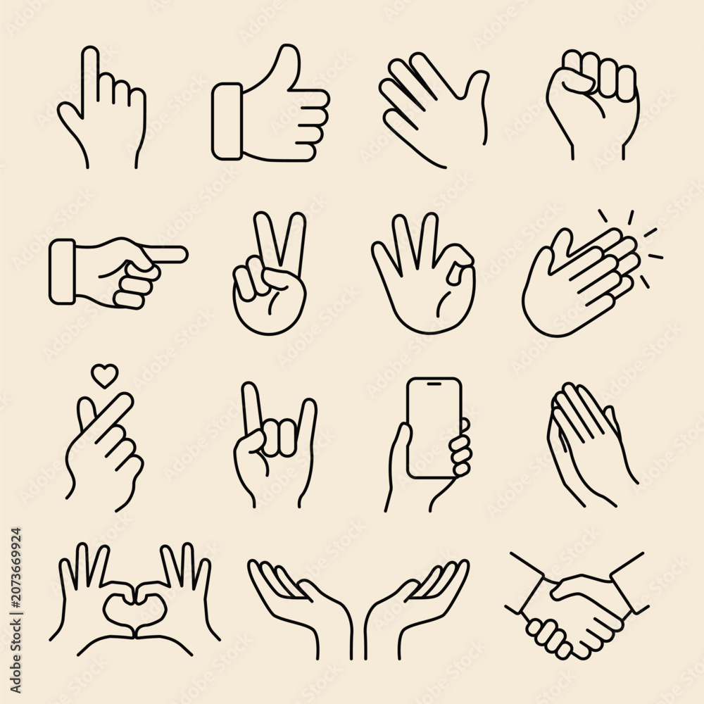 Fototapeta premium Minimalist hand gesture icons vector set