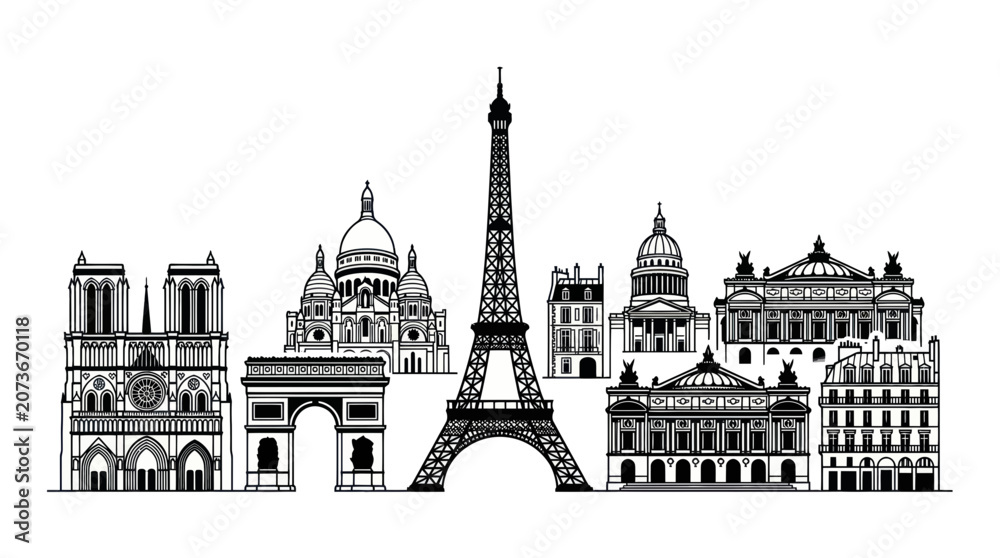 Fototapeta premium Parisian Skyline Silhouette: Iconic Landmarks in Black and White