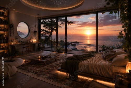 Hotel at night room hotel home furniture interior bedroom bed luxury apartment architecture living comfortable.