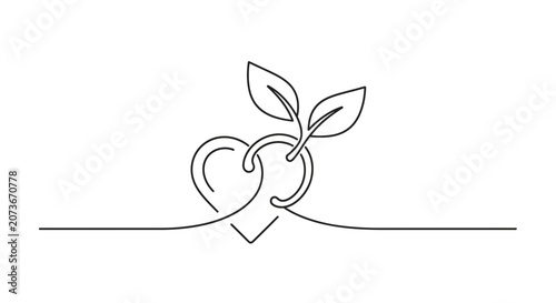 Heart and Sprout Continuous Line Drawing: Love, Growth, Nature, and New Beginnings Concept