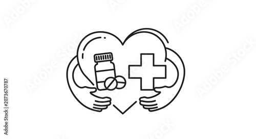 Heart Embraced by Arms Holding Medical Pills and Cross Symbol, Health Care Concept