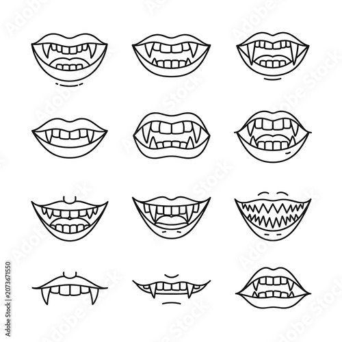 Grid of Vampire Mouth Outline Icons and Sketches