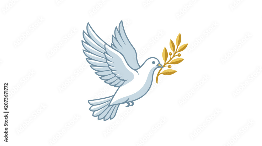 Obraz premium White Peace Dove Flying with Gold Olive Branch Icon