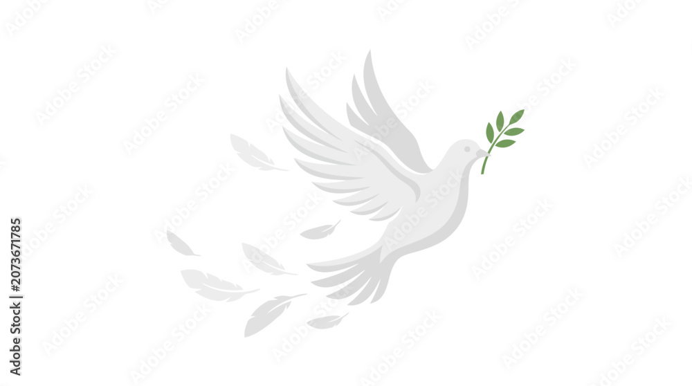 Fototapeta premium White Dove Flying With Olive Branch and Feathers