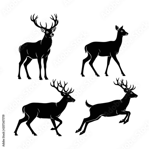 Set of Four Black Deer and Stag Silhouettes