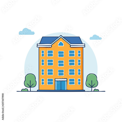 Flat illustration of an orange apartment building with trees and