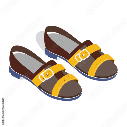 Flat illustration of brown and yellow sandals with buckles