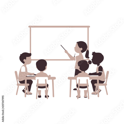 Flat vector illustration of a classroom with teacher and students
