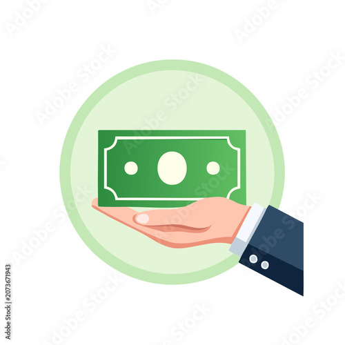 Hand holding green dollar bill flat vector illustration