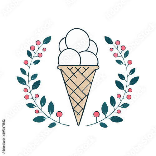 Ice cream cone with floral wreath illustration