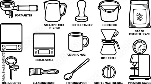Obraz na plátne Barista tools and espresso brewing equipment vector line art icon set with porta