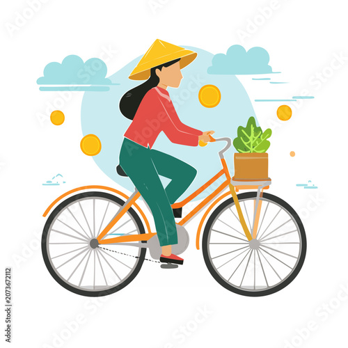 Woman riding bicycle with plant in basket, flat vector illustration