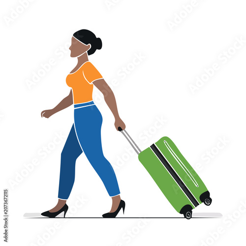 Woman walking with green suitcase, flat vector illustration
