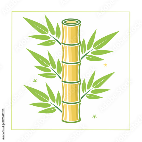 Bamboo stalk with green leaves flat vector illustration