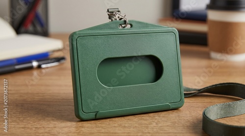 Green plastic ID card holder with lanyard on a wooden desk office background.