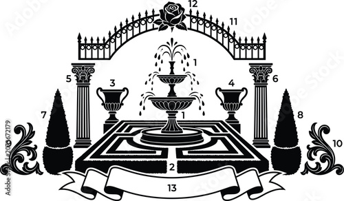 Foto Classic formal garden emblem featuring a multi tiered water fountain courtyard l