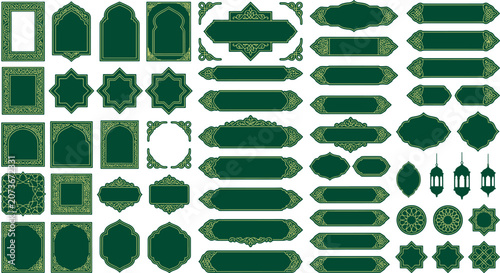 Foto Set of ornate green and gold islamic style frames and decorative label banners f