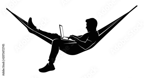 Man relaxing in hammock with laptop
