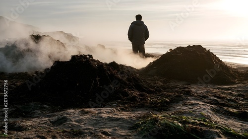 A conscientious comm engages in a beach cleanup fostering a sense of wonder and calm through steaming compost heaps