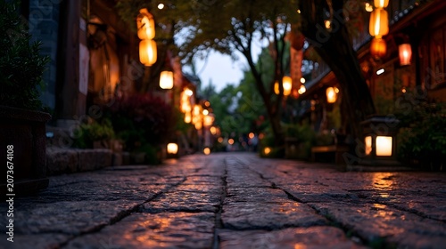 A charming cultural cobblestone street is beautifully illuminated by warm lanterns creating a harmonious and historic nighttime scene