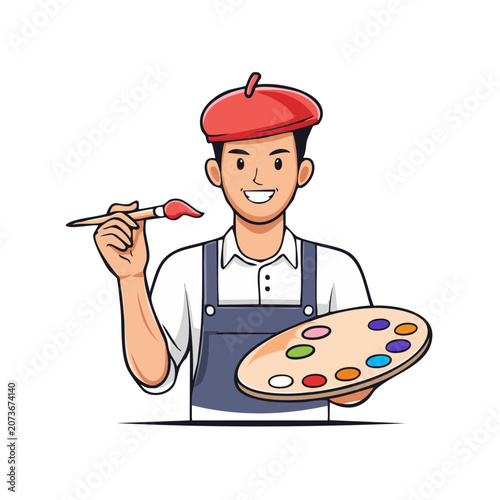 Cartoon artist holding paintbrush and palette