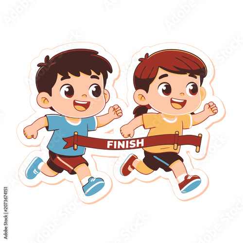 Cartoon children crossing finish line with banner