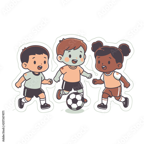 Cartoon children playing soccer with ball