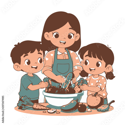 Cartoon family cooking together in kitchen illustration