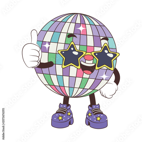 Cute disco ball okay vector mascot in flat comic style with star glasses and thumbs up sign for energetic retro 70s music party festival concept isolated on white.