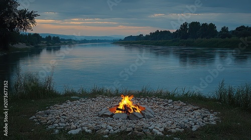 River landscape at dusk with a campfire on the shore, calm water reflecting the twilight sky