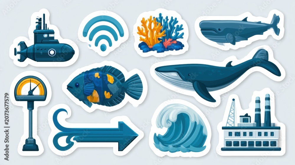 Obraz premium Sticker sheet includes twelve designs focused on ocean science such as submarines, fish, waves, and coral reefs for educational purposes.