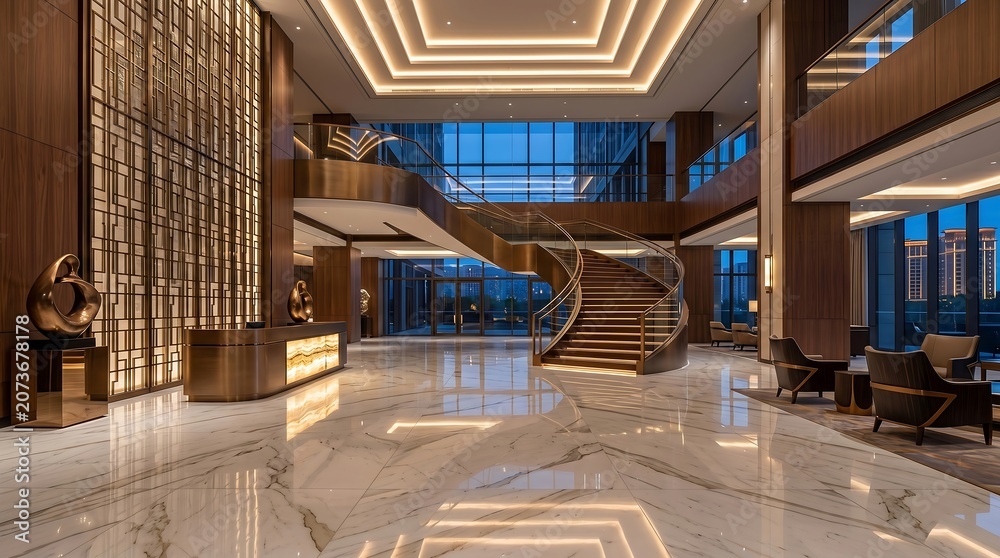 Fototapeta premium Luxury Corporate Hotel Lobby with Grand Spiral Staircase
