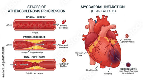 Artery cross sections demonstrate the progression of atherosclerosis alongside a diagram of a human heart experiencing myocardial infarction.