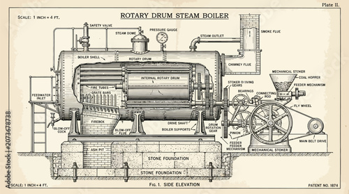 Steam boiler mechanical diagram shows a detailed cross section of a rotary industrial machine with technical annotations.