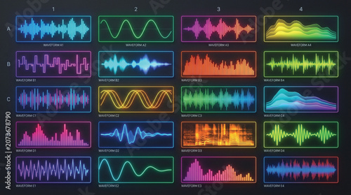 Sound visualizers present multiple audio signal graphs organized within a dark interface.