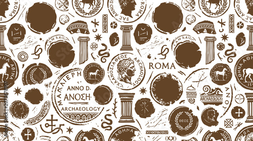 Quadro su tela Seamless pattern of ancient roman coins and archaeological artifacts in brown on
