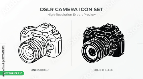 Dslr camera icons illustrate both line art and solid silhouette styles for professional creative design projects.