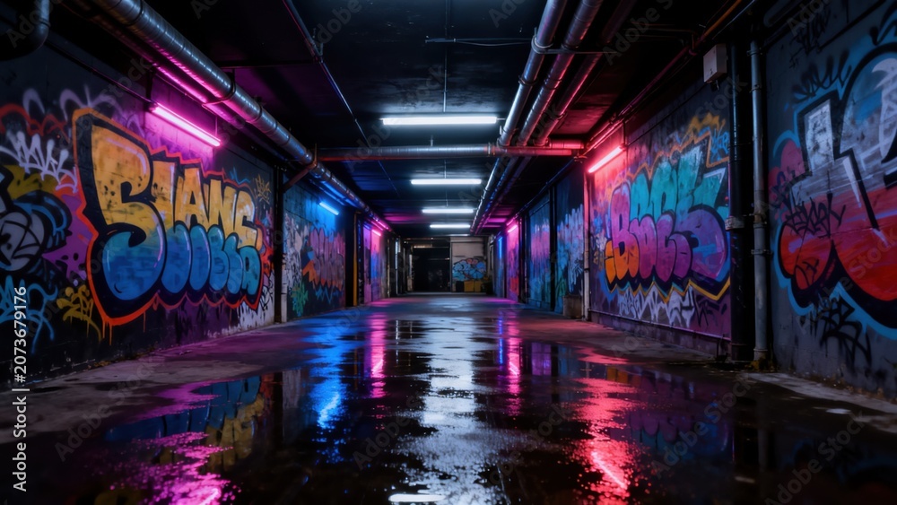 Fototapeta premium Graffiti alley with neon lights