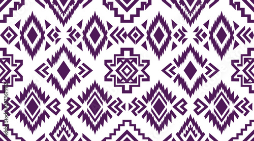 Seamless tribal pattern with purple geometric shapes and zigzag lines on a white background, for textiles